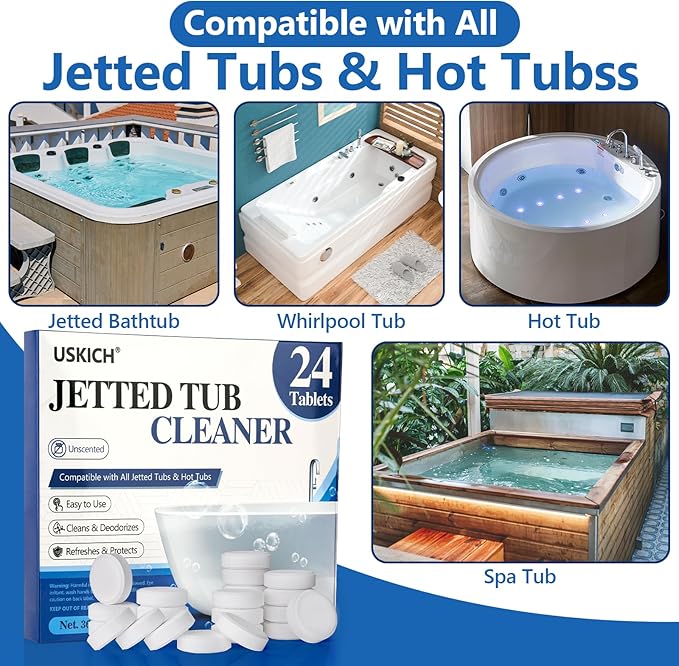 Jetted Tub Cleaner Bathtub Tabs - 24 Pack Jet Tub Cleaning Tablets,Jet Tub Cleaner for Bathtub Compatible with Spa Bath & Whirlpool,Septic Safe Bath Jet Scale and Residue Remover-2 Year Supply