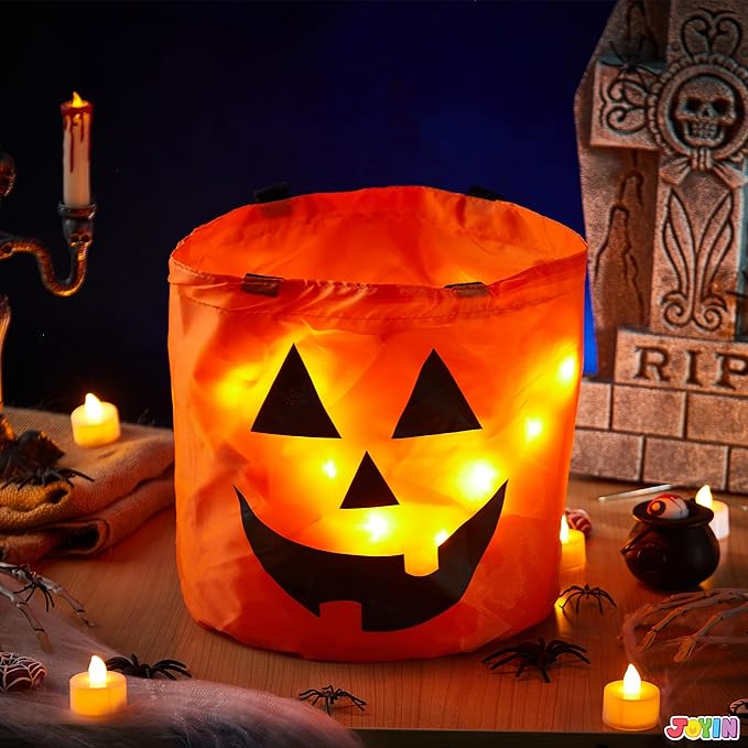JOYIN 2 PCS Halloween Trick or Treat Bags 10 x 11.8 inches LED Light Orange Pumpkin Buckets Reusable Goody Candy Bucket for Kids Trick or Treating, Halloween Birthday Party Favor Supplies