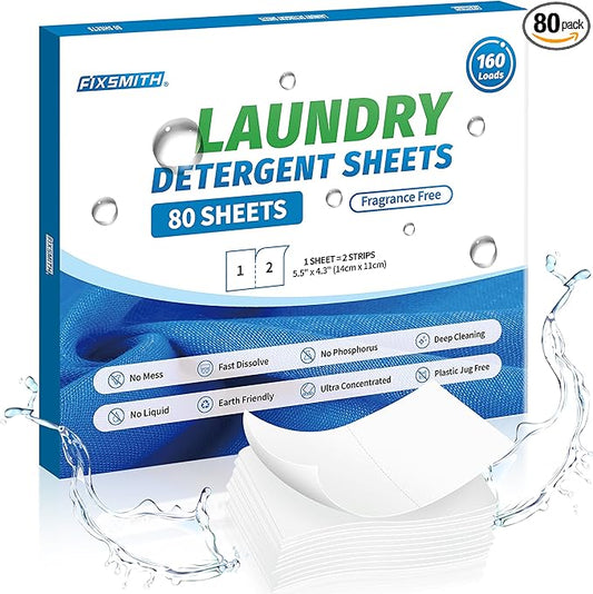 FIXSMITH Laundry Detergent Sheets - 160 Loads (80 Sheets) Fragrance Free - Hypoallergenic,Unscented,Eco Friendly Laundry Detergent Strips Concentrated Travel Detergent Sheets.Plastic-Free,Liquidless