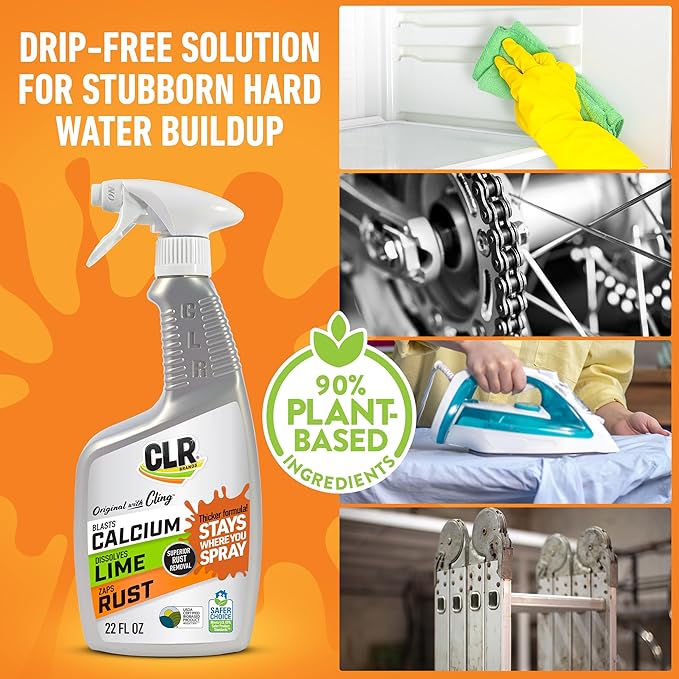 CLR Brands Calcium, Lime & Rust Remover with Cling, 22 oz. Spray Bottle, Adheres to Hard-to-Reach Surfaces, Blasts Calcium, Dissolves Lime Deposits, Zaps Stubborn Rust Stains and Hard Water Deposits