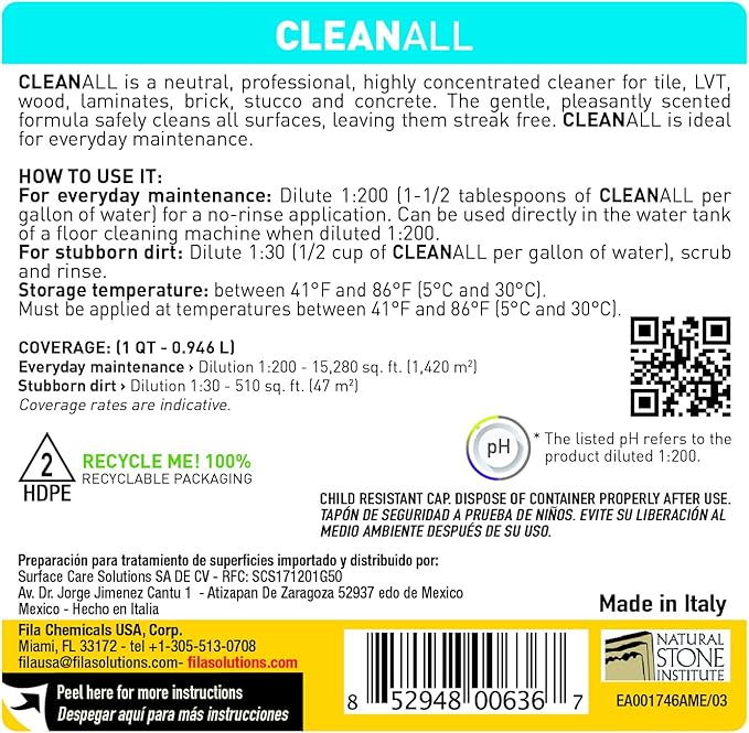 FILA Surface Care Solutions, CLEANALL, Neutral All Purpose Cleaner, Highly Concentrated - Up to 40 Washes, 1 QT