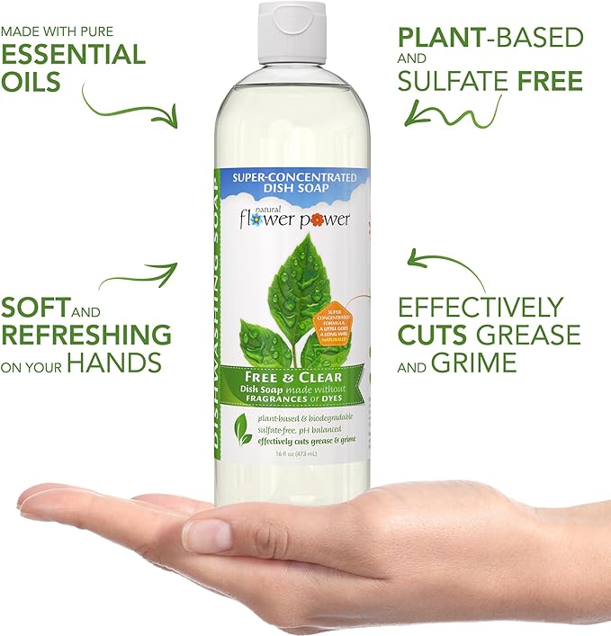 Natural Flower Power Liquid Dish Soap – Free & Clear (Unscented) – Plant-Based & Scented w/ Pure Essential Oils – Natural Dishwashing Detergent – Sulfate-Free Kitchen Soap – Vegan (16 Fl Oz 3 Pack)