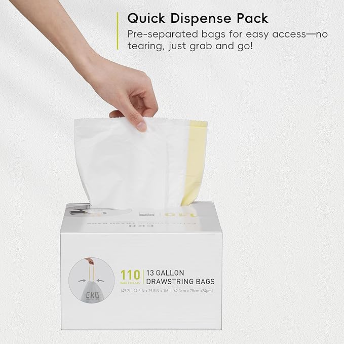 EKO 13 Gallon / 40-60 Liter,110 Count Drawstring Trash Bags, Extra-Strong Unscented Garbage Bags, Easy-Dispense Roll for Kitchen & Household Use, Resists Tears, Leaks and Punctures, Code F, White