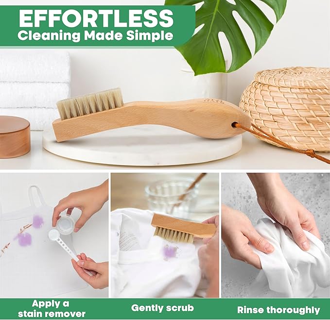 Laundry Brush Stain Remover Scrubber with Soft White Boar Bristles for Delicate Baby Clothes, Compact Design, Pre-Treat Clothing, Shoes and Fabrics