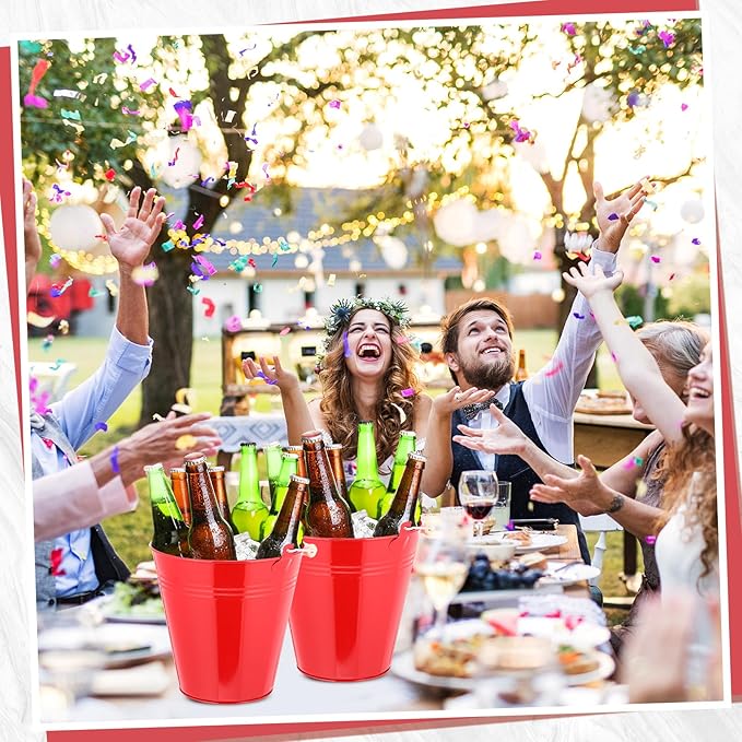 Zopeal 6 Pcs Large Metal Bucket Beer Bucket Galvanized Steel Pail with Handle for Gifts Basket Ice Candy Party(7.4 x 7.2 x 4.6 Inch,Red)