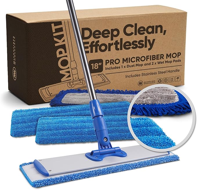 18" Professional Hardwood Floor Mop - Dry & Wet Mop for Wood, Laminate, Tile, Vinyl Floors | Washable Pads | Wet & Dust Mopping
