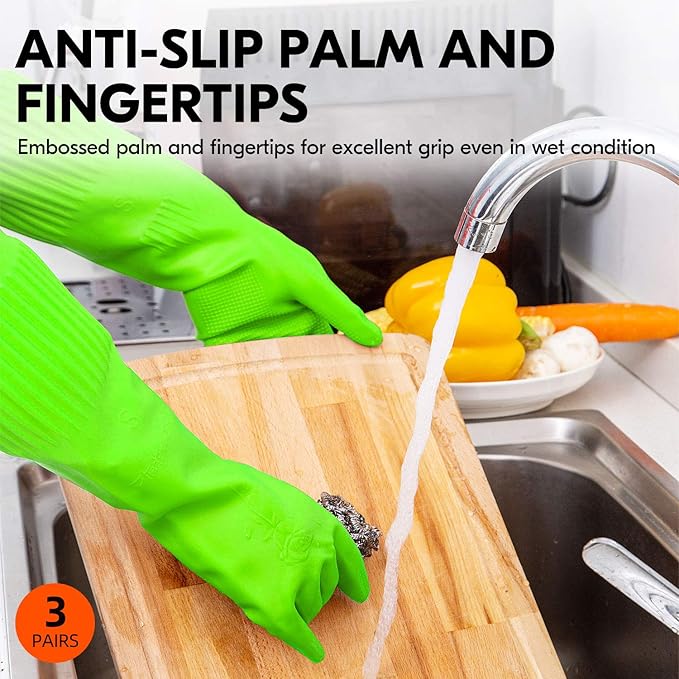Vgo... 3-Pairs Dishwashing Gloves - Reusable Household, Kitchen, Long Sleeve, Thick Latex, Cleaning, Washing, Working, Painting, Gardening, Pet Care (Size M, Green, RB2143)