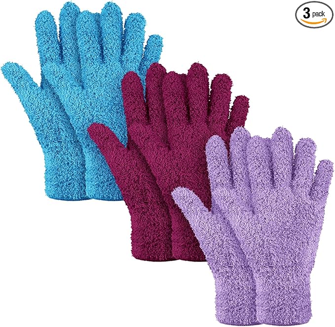 Patelai 3 Pairs Microfiber Plant Dusting Gloves Leaf Cleaning Gloves for Indoor Plants, Blinds, Furniture, House(Medium,Reddish Violet, Blue, Purple)