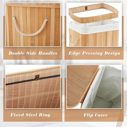 2 Pack Bamboo Slim Trash Can with Lid, 21 Gallon Large Foldable Slim Rectangular Garbage Can Bamboo Waste Basket for Bathroom Bedroom Office Home Salon Spa (24.8×20.9×13 Inches,Wooden Color)