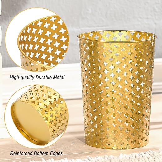 Metal Gold Trash Can, 7.28" D x 10" H Modern Cylindrical Gold Garbage Can, Durable Metal Waste Basket for Office Bathroom & Small Spaces