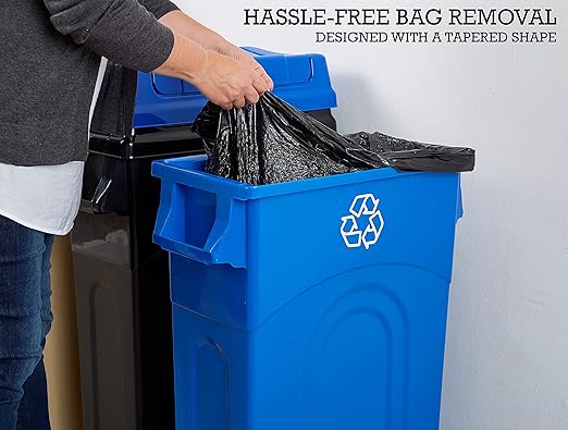 United Solutions 23 Gallon Highboy Plastic Recycling Bin Kitchen Trash Can with Lid, Pass Through Handles, and Dustpan Edge, Blue