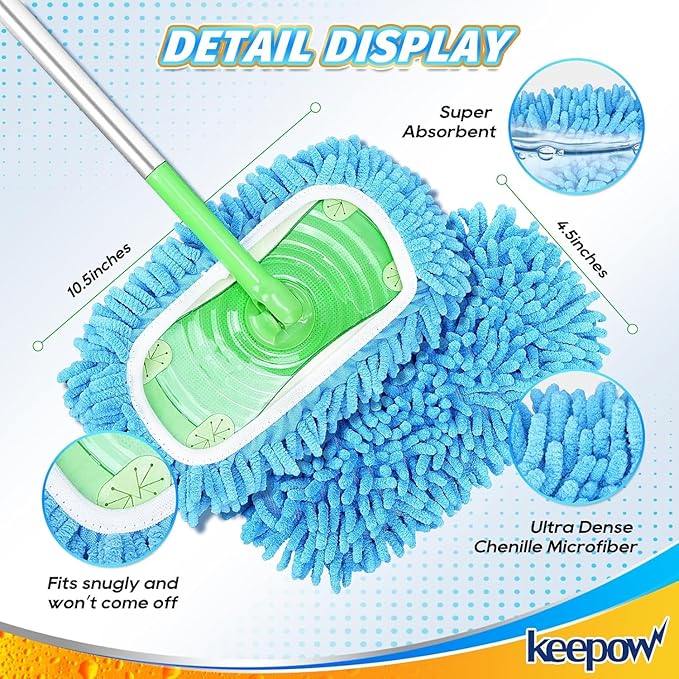 KEEPOW Reusable Microfiber Mop Pads Compatible with Swiffer Sweeper & Mop Deluxe 2-in-1, Wet & Dry Mopping Cloths for All Floors, Compatible with Swiffer Dry Sweeping Cloths for Cleaning (4 Pack)