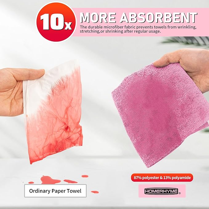 HOMERHYME Microfiber Cleaning Cloth Roll, 75 Pack Tear Away Microfiber Towel, Reusable Washable Shop Towels, Lint Free Cleaning Rags for Car Home Kitchen Garage & Automotive 11.5"x11.5" Pink