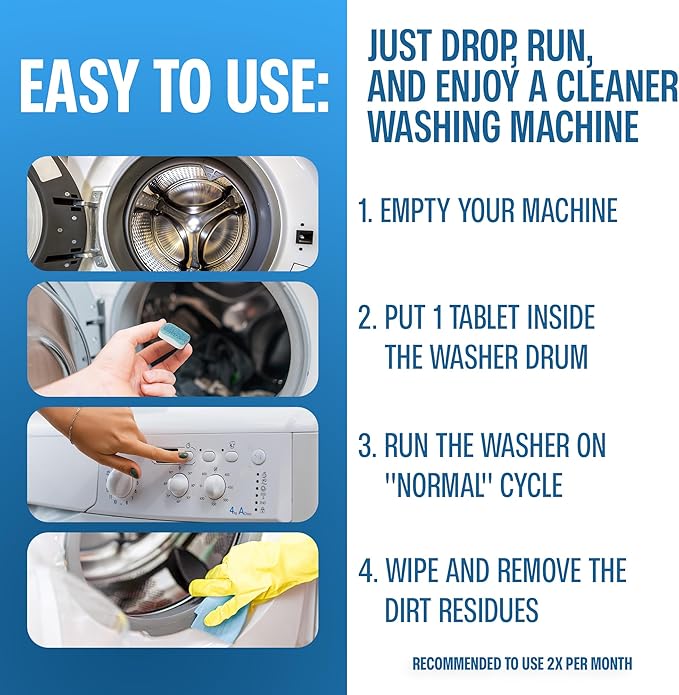Sudstainables Washing Machine Cleaner Tablets (24-Pack) – Deep Clean Odor & Residue Remover for Front & Top Load Washers, HE & Septic Safe Washing Machine Tub Cleaner for Long-Lasting Freshness