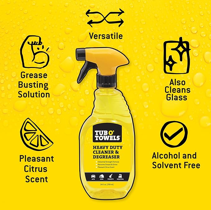 Tub O' Towels Heavy Duty Cleaner and Degreaser Spray Helps in Removing Oil Tar Paint Dirt Caulk Grease Grime Gunk Epoxies, Industrial Strength, Home & Auto, Made In USA, Citrus Scent, 24oz, 3-Pack