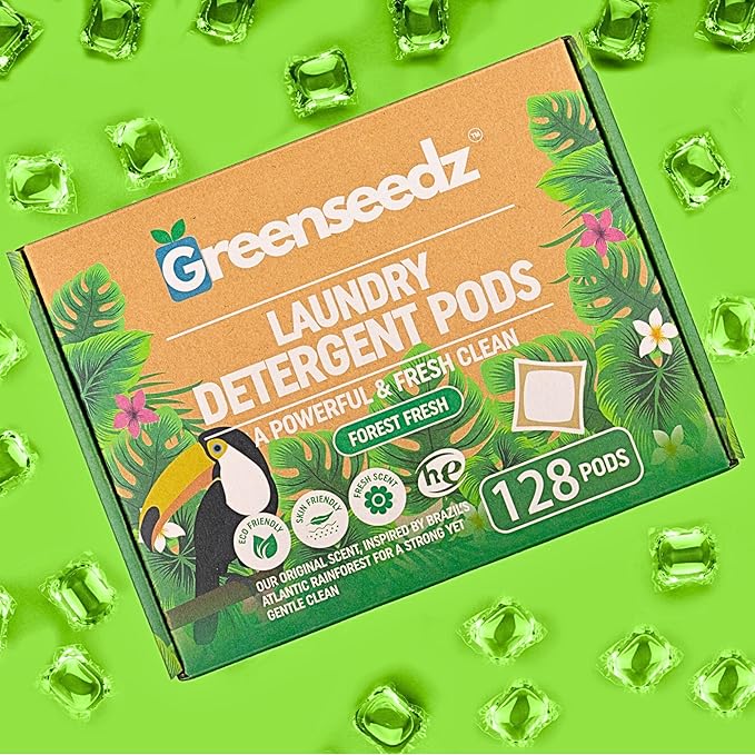Greenseedz Eco Friendly Laundry Detergent Pods, 128 Pacs, Powerful Stain And Odor Removal, Skin Friendly, Rainforest Fresh Scent, Biodegradable and HE Compatible