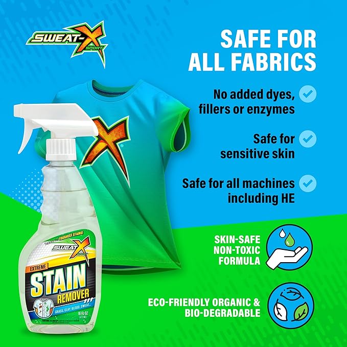 Sweat X Extreme Stain Remover – Multi-Purpose Nontoxic Stain Spray – Advanced Stain Removal for Sport and Activewear – Safe for All Fabrics – Tested Formula with Proven Results – 16 Fl Oz