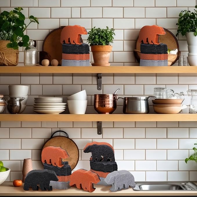 Tioncy 12 Pack Rustic Bear Kitchen Sponges Bulk Dual Sided Scrubber Brown Black Bear Sponges Dishwashing Kitchen Cleaning Accessories for Funny Christmas Holiday Household Supplies