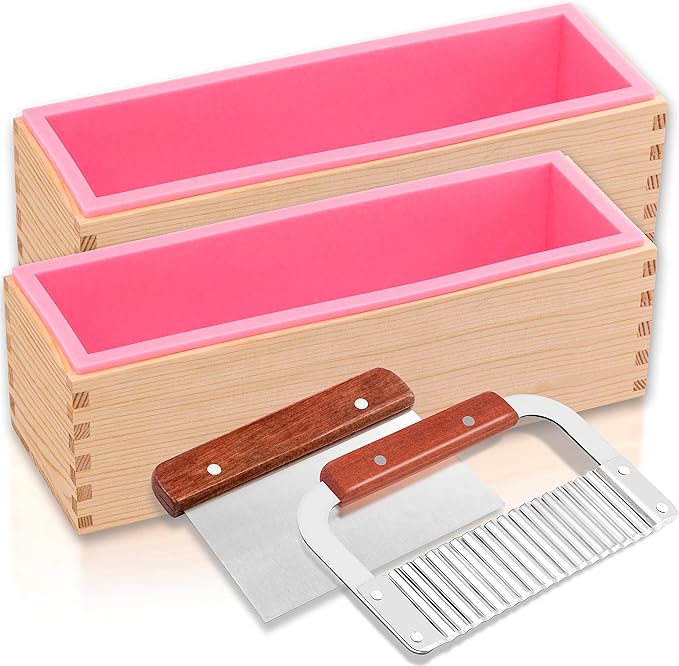 2 pcs Rectangular Soap Molds Kit with Cutters - 42oz Flexible Silicone Loaf Soap Mold with Wooden Box, Stainless Steel Wavy & Straight Scraper for Homemade Craft Soap Making Supplies