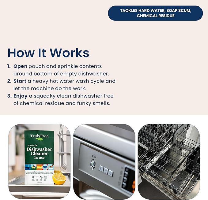 Truly Free Natural Dishwasher Cleaner - Dish Washer Machine Descaler, Fights Grease & Limescale, Hard Water Stain Remover, Smell Eliminator for Clean Dishwashers - Lemon Fresh Scent, 4 oz (Pack of 1)