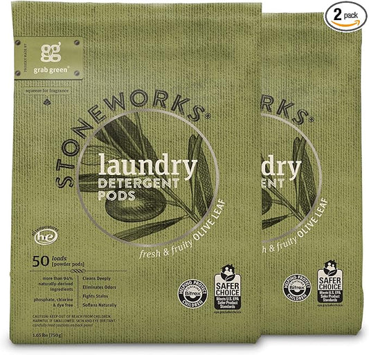 Grab Green Stoneworks Laundry Detergent Pods, 100 Count, Olive Leaf Scent, Plant And Mineral Based, Cleans Deeply, Eliminates Odors, Fights Stains, So