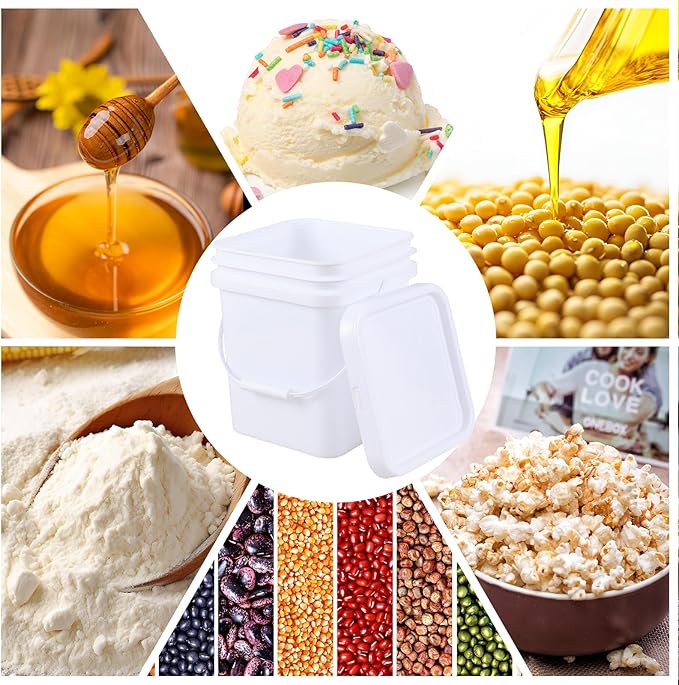 5 Gallon White Square Bucket with Lid and Handle, 4 Pcs Plastic Square Food Storage Pail with Handle