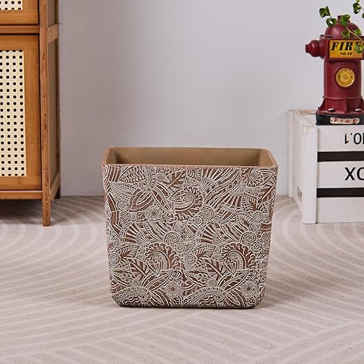 Rustic Brown Tropical Leaves Carved Small Bathroom Trash Can 2.5 Gallon(9 Liter), Resin Heavy Sturdy Kitchen Garbage Can,Living Room Bedroom Trash Can, Decorative Wastebasket for Home, Garden, Office