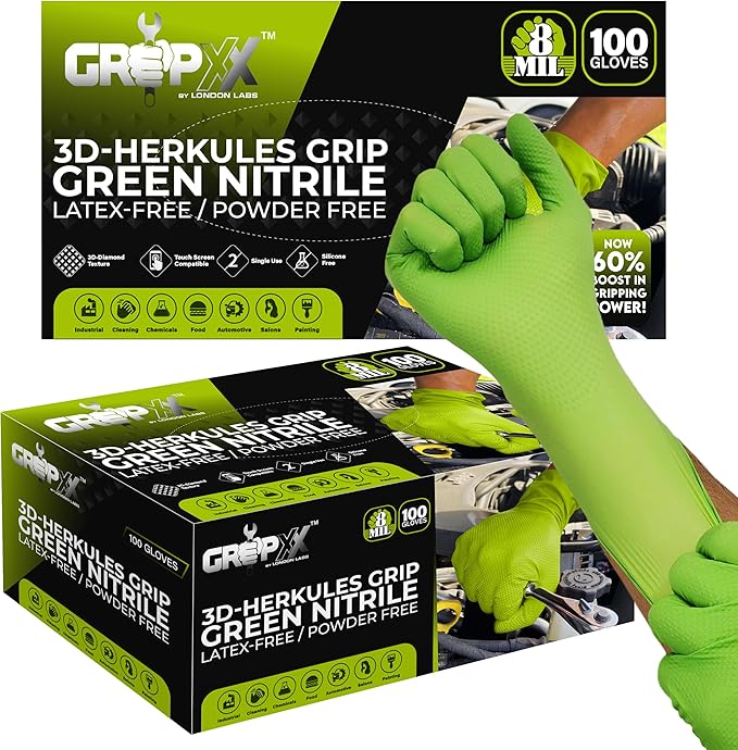 Herkules Grip Heavy Duty 8Mil Green Nitrile Gloves,3D Raised Diamond Texture-Latex & Powder Free-Industrial, Mechanic | Pack of (200 CT)