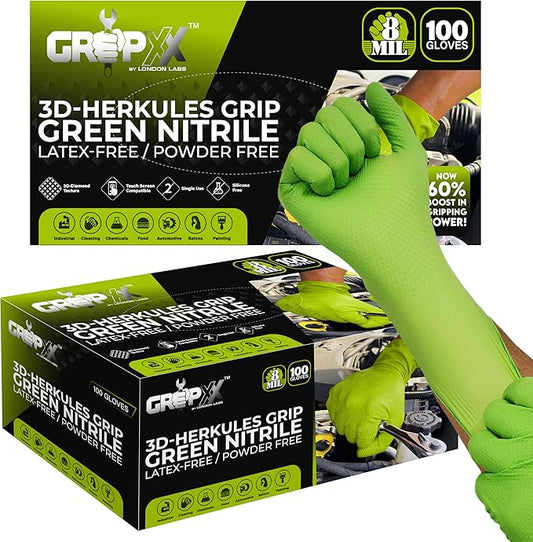 Herkules Grip Heavy Duty 8Mil Green Nitrile Gloves,3D Raised Diamond Texture-Latex & Powder Free-Industrial, Mechanic | Pack of (200 CT)