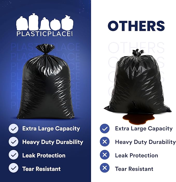 Plasticplace 95-96 Gallon Heavy Duty Black Trash Bags - Contractor Grade, Extra Large Garbage Bags for Construction & Outdoor Trash Cans, 1.2 Mil Thick, 61” x 68” (15 Count Roll)