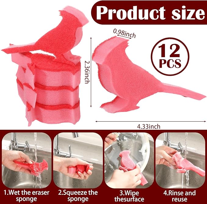 Tioncy 12 Pack Christmas Red Bird Kitchen Sponges Red Cardinal Bulk Dual Sided Scrubber Sponges Dishwashing Kitchen Cleaning Accessories for Christmas Xmas Household Supplies
