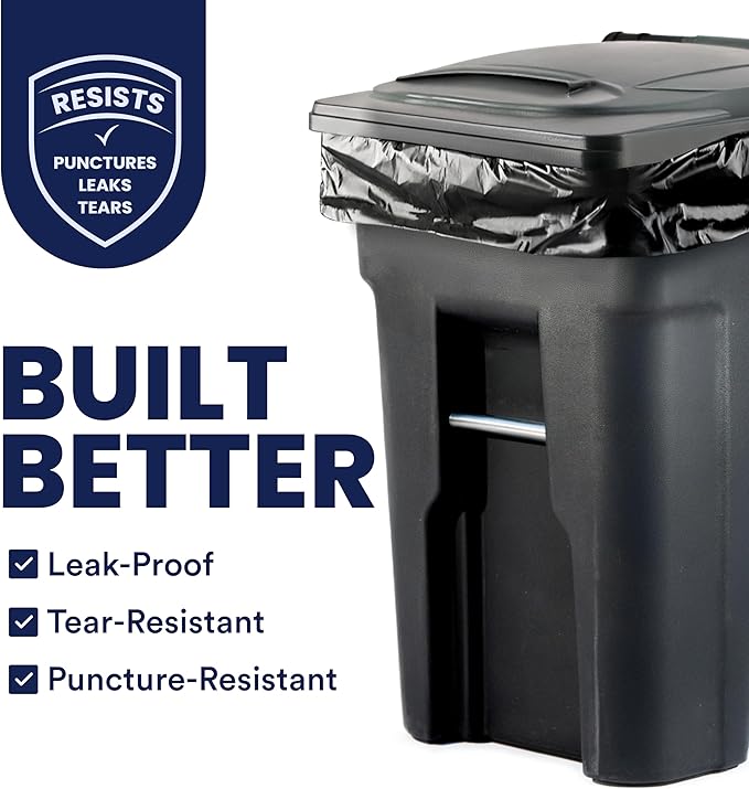 Plasticplace 95-96 Gallon Heavy Duty Black Trash Bags - Contractor Grade, Extra Large Garbage Bags for Construction & Outdoor Trash Cans, 1.2 Mil Thick, 61” x 68” (15 Count Roll)