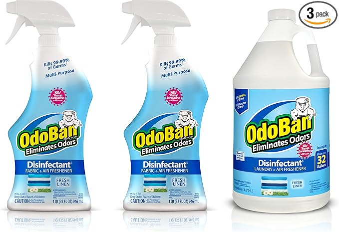 OdoBan Ready-to-Use Disinfectant and Odor Eliminator, Made in the USA, Fresh Linen Scent, Set of 3, 2 Spray Bottles, 32 Ounces Each and 1 Gallon Concentrate