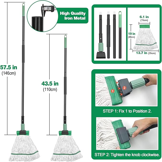 Heavy Duty Mop for Floor Cleaning, Industrial Commercial Mop with 57.5 Inches Long Handle,Looped-End String Wet Cotton Mops for Garage, Warehouse, Workshop