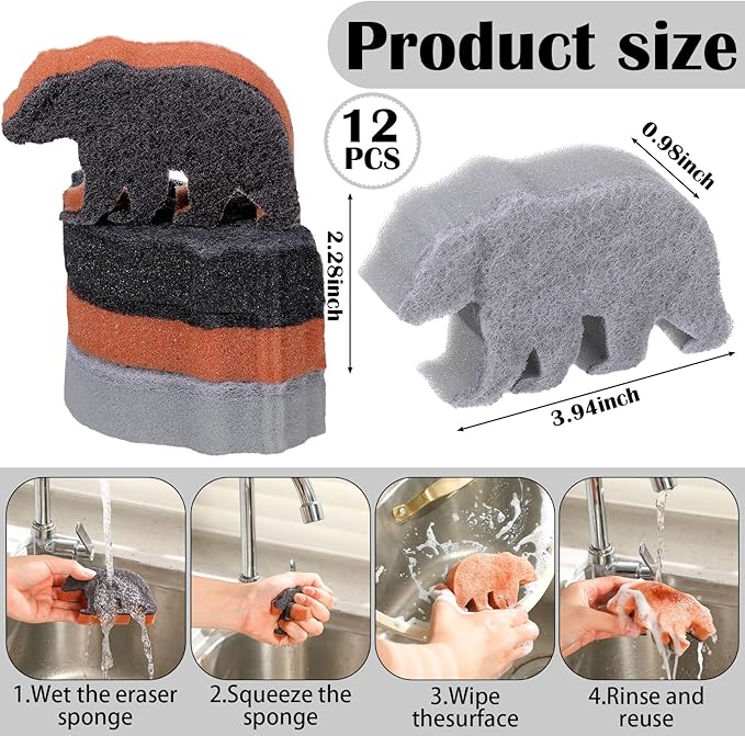 Tioncy 12 Pack Rustic Bear Kitchen Sponges Bulk Dual Sided Scrubber Brown Black Bear Sponges Dishwashing Kitchen Cleaning Accessories for Funny Christmas Holiday Household Supplies