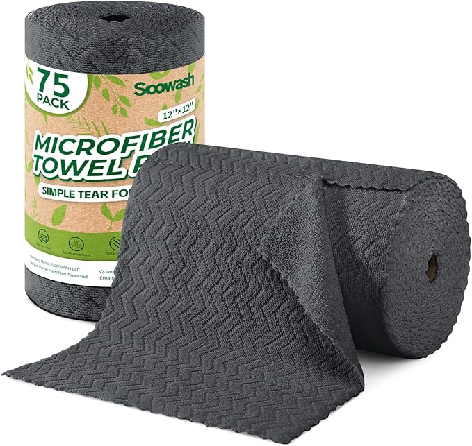Microfiber Cleaning Cloths Roll, 75 Pack Tear Away Microfiber Towels Roll, 12" x 12" Lint Free Rags, Reusable Cleaning Cloths,Washable,Scratch Free,Ultra Absorbent Dish Rags(Dark Grey Ripple)