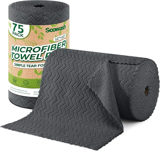 Microfiber Cleaning Cloths Roll, 75 Pack Tear Away Microfiber Towels Roll, 12" x 12" Lint Free Rags, Reusable Cleaning Cloths,Washable,Scratch Free,Ultra Absorbent Dish Rags(Dark Grey Ripple)