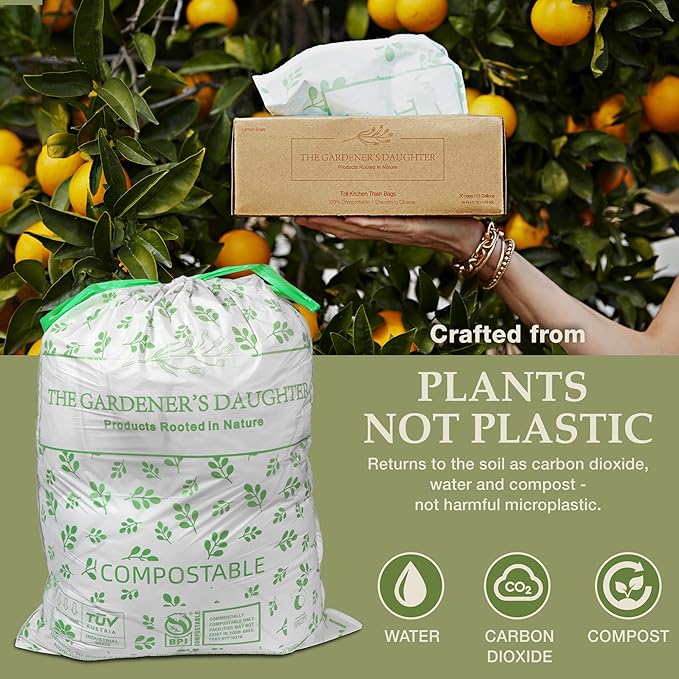 The Gardener's Daughter Compostable Trash Bags - 13 Gallon, 30 Count, Extra Strength, White, Drawstring Kitchen Waste Bag, BPI and TUV Certified, OK Home Compostable - (Winter’s Grace)