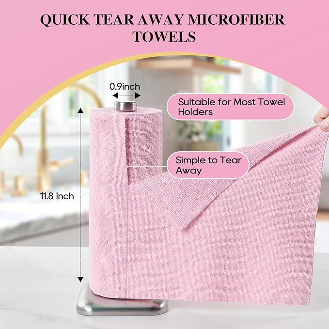 HONOVA Microfiber Cleaning Cloth Roll 45 Pack, 12''×12" Reusable Paper Towels, Tear Away Microfiber Towels, Highly Absorbent, All-Purpose Washable Cleaning Rags for Kitchen, Window, Car, Shop (Pink)