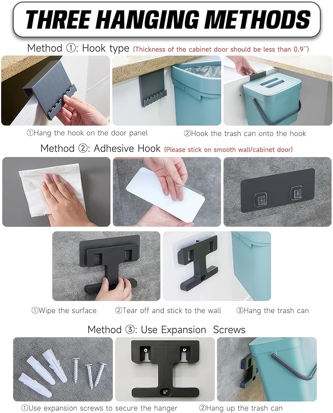 Kitchen Compost Bin - 3.2 Gallons Hanging Trash Can with Lid for Kitchen Bathroom, Under Sink Trash Can, Outdoor Compost Bucket with Lid, 12L(Subtle Blue)