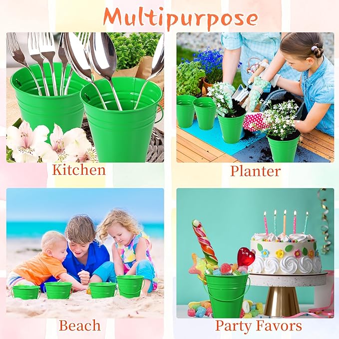 Sadnyy 12 Pack Metal Buckets with Handle, Galvanized Bucket 4.5 x 5 Inch Basket Bucket Party Supplies, Crafts for Christmas Halloween Candy Bars Vase Crafts(Green)