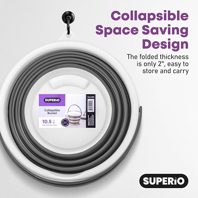 Superio Collapsible Bucket 2 Gallon Bucket with Handle Grey Car Wash Bucket Small Foldable Silicone Pail for Camping, Fishing, Cleaning, Mopping, 10 Liter, 4