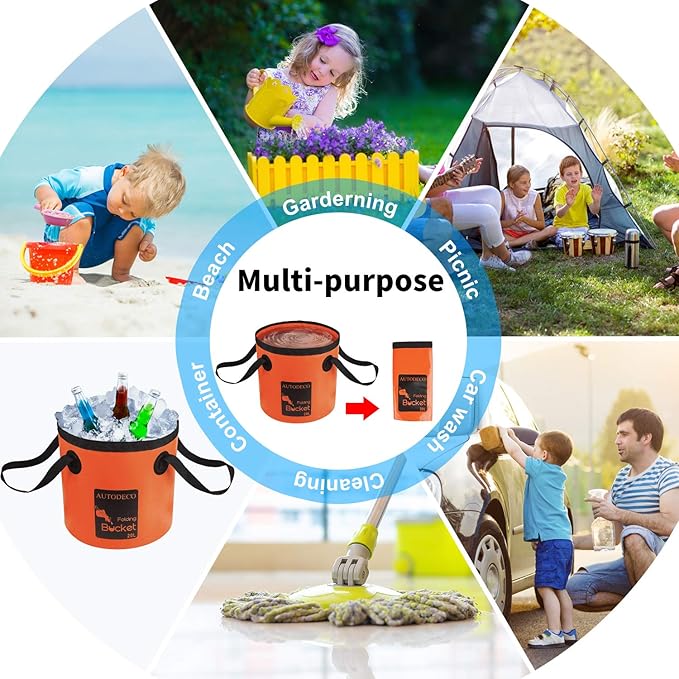 AUTODECO 2 Pack Collapsible Bucket 5 Gallon Container Folding Water Bucket Portable Wash Basin for Outdoor Travelling Camping Fishing Gardening Car Washing 20L