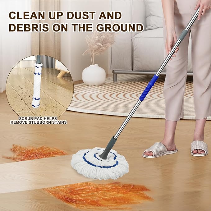 Self Wringing Floor Cleaner with 52.5 Inch Long Handle, Heavy Duty Wet Mop for Hardwood, Tile, Vinyl, Laminate Floors (White)