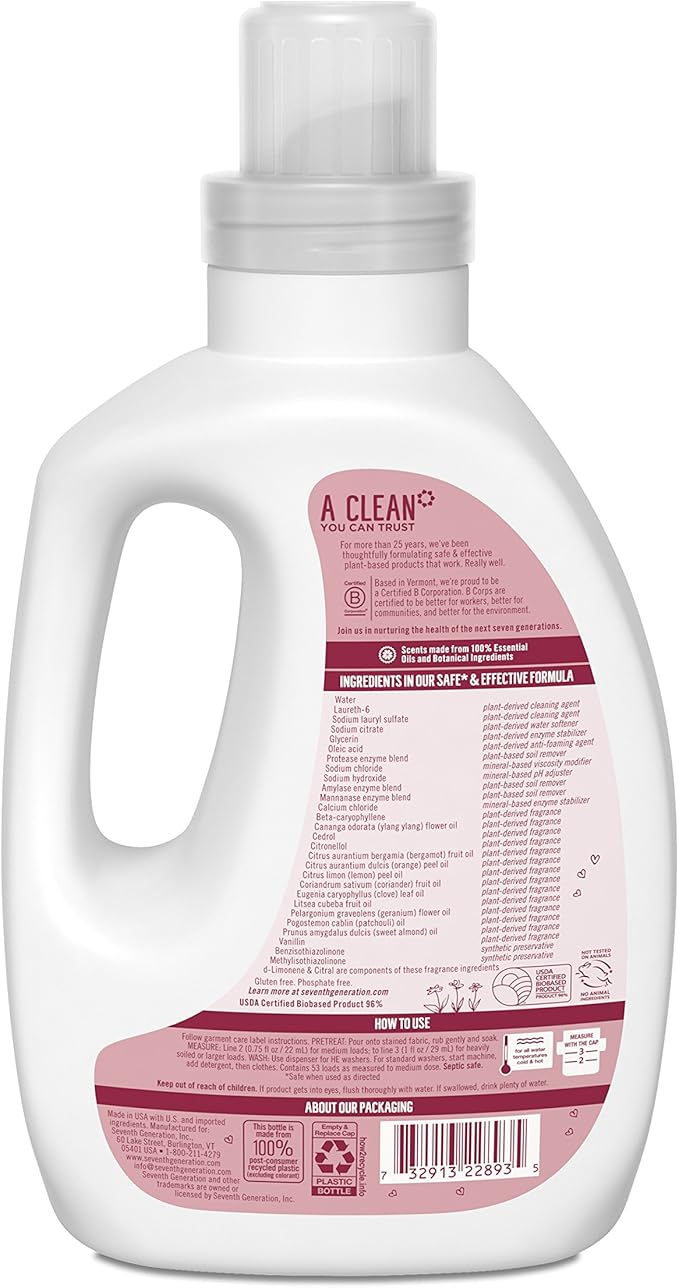 Seventh Generation Concentrated Laundry Detergent, Geranium Blossoms and Vanilla, 106 Loads, 40 oz, 2 Pack (Packaging May Vary)