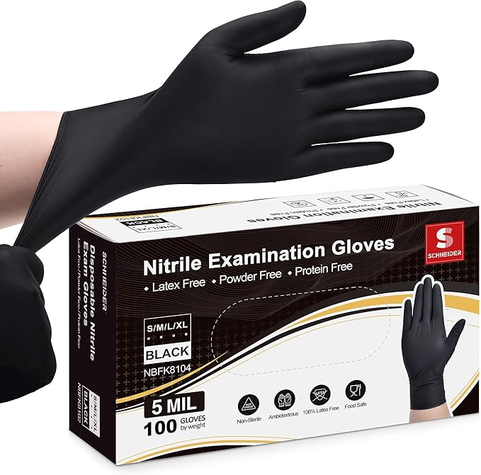 Schneider Nitrile Exam Gloves, Disposable Gloves, Latex-Free, Powder-Free, Food Safe for Cleaning, Cooking, Household Use