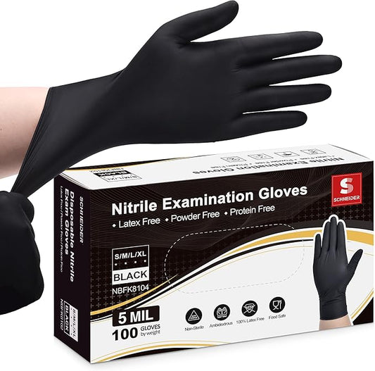Schneider Nitrile Exam Gloves, Disposable Gloves, Latex-Free, Powder-Free, Food Safe for Cleaning, Cooking, Household Use