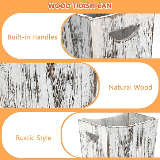 2 Pack Trash Can Wood Waste Basket Wooden Garbage Bins Decorative Farmhouse Trash Can for Bathroom Bedroom Office Desk Living Room (Rustic White)