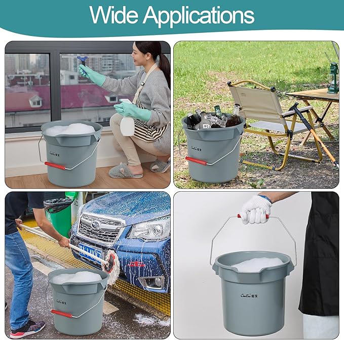 6-Pack Plastic Round Bucket with Handle, 14 Quart Cleaning Bucket, Utility Pail with Pour Spout, Grey