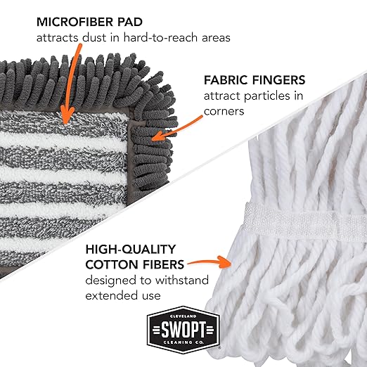 SWOPT 18” Microfiber Dust Mop, Microfiber Flexible Duster, Cotton Mop + 60" Steel Handle, Combo — Cleaning Heads With Long Handle Interchangeable With All SWOPT Cleaning Products — Machine Washable